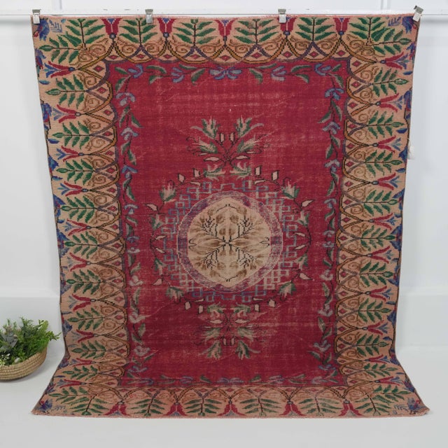 1970s Vintage Handmade Wool Cotton Red Area Rug For Sale - Image 10 of 12