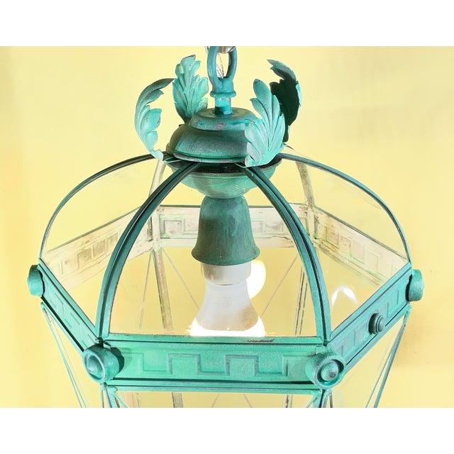 Vintage Style Solid Brass Verdigris Hanging Lantern - Restored & Rewired For Sale - Image 11 of 13
