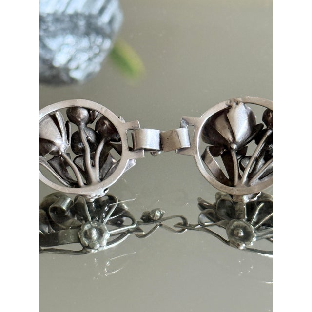1940s 1940s Sterling Silver Floral Panel Bracelet With Repoussé Botanical Design For Sale - Image 5 of 11