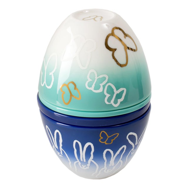 Hunt Slonem Bunnies & Butterflies Porcelain Nesting Egg For Sale
