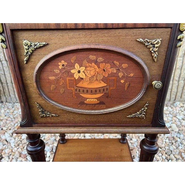 French Provincial Pair Louis XVI Style Ormolu Mounted Marquetry Mahogany Marble Top Bedside Tables, 19th Century For Sale - Image 3 of 12