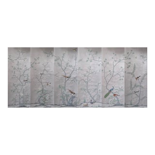 Hand-Painted Light Gray Chinoiserie Bamboo Bird & Peacock Mural Panels | Luxury Botanical Wall Art Set of 6 For Sale