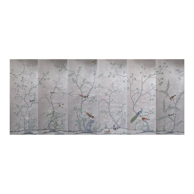 Soft Grey Chinoiserie Mural | 6-Panel Hand-Painted Floral & Bird Wallpaper For Sale