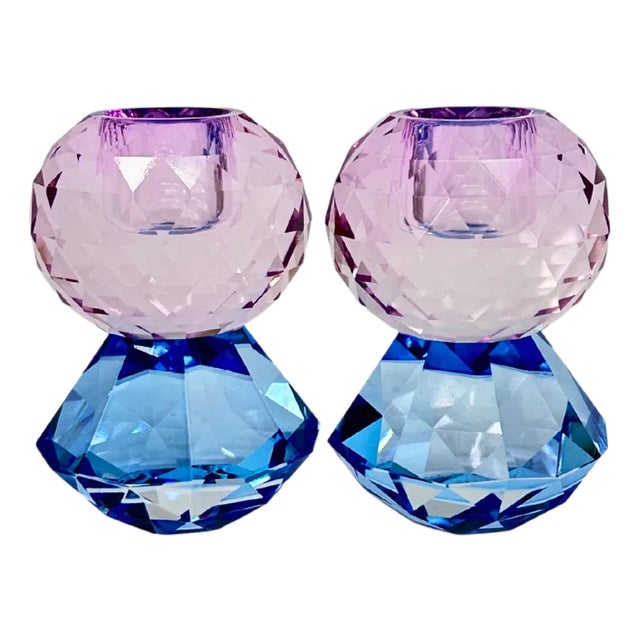 Danish Faceted Crystal Candle Holder Blue & Lavender Pair For Sale