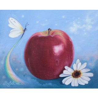 How Appetizing by Sybiline | Oil on panel Red apple with a butterfly and white daisies. For Sale