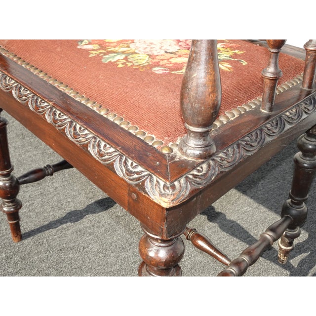 Vintage Spanish Style Highly Carved Throne Chair Needlepoint Floral Seat ~ Victorian For Sale - Image 11 of 13