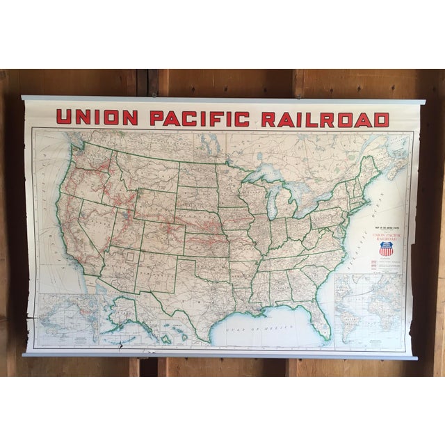 Beautiful vintage mid century era Union Pacific Railroad wall map of the United States. Measures 43” x 62”. Circa...