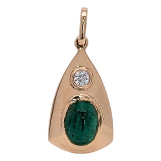 Zambian Emerald Pendant With Natural Diamond Accents: Solid 14k Gold, Oval 7x5mm For Sale