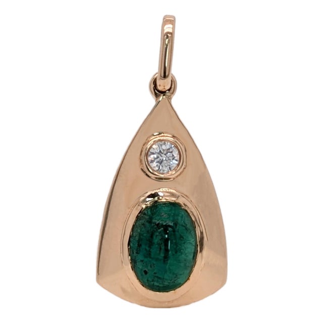 Zambian Emerald Pendant With Natural Diamond Accents: Solid 14k Gold, Oval 7x5mm For Sale