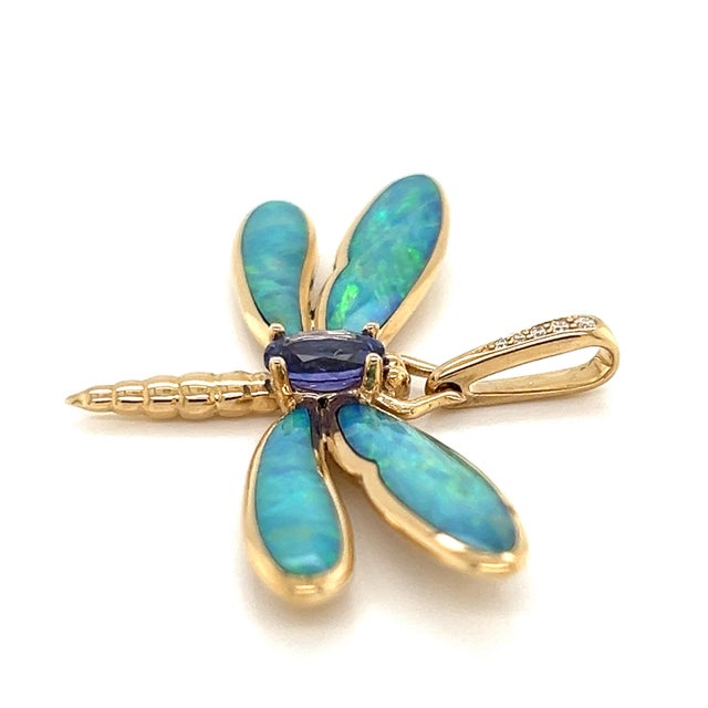 2020s Kabana Opal Diamond Tanzanite 14k Yellow Gold Dragonfly Charm Pendant For Sale - Image 5 of 6