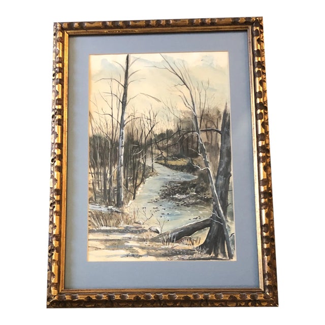 Original Vintage Landscape With Stream Watercolor Painting Original Frame 1970’s Signed For Sale