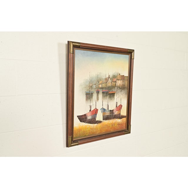 Mid-Century Modern Original Artist Signed ‘Seaside Harbor’ Acrylic Painting in Carved Walnut and Brass Frame For Sale - Image 3 of 12
