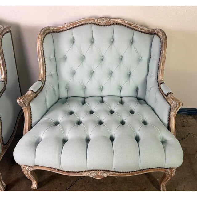 Pair of Louis XV Style French Bergères – Pale Blue Linen For Sale In Los Angeles - Image 6 of 15