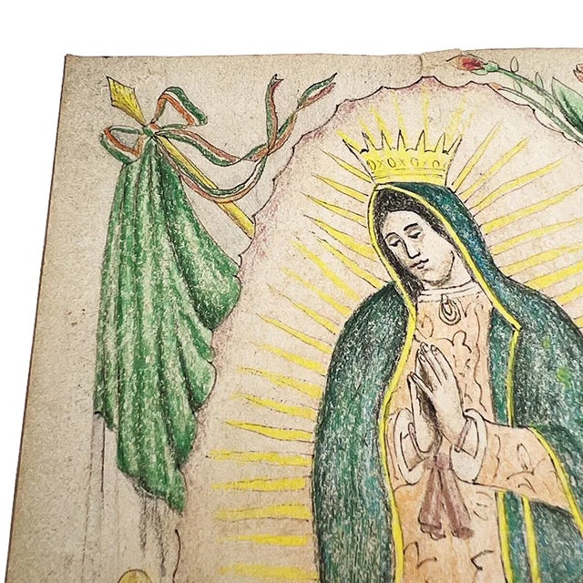 Paper Virgin of Guadalupe Hand Colored Spanish Colonial Drawing - Signed Mexico For Sale - Image 7 of 10