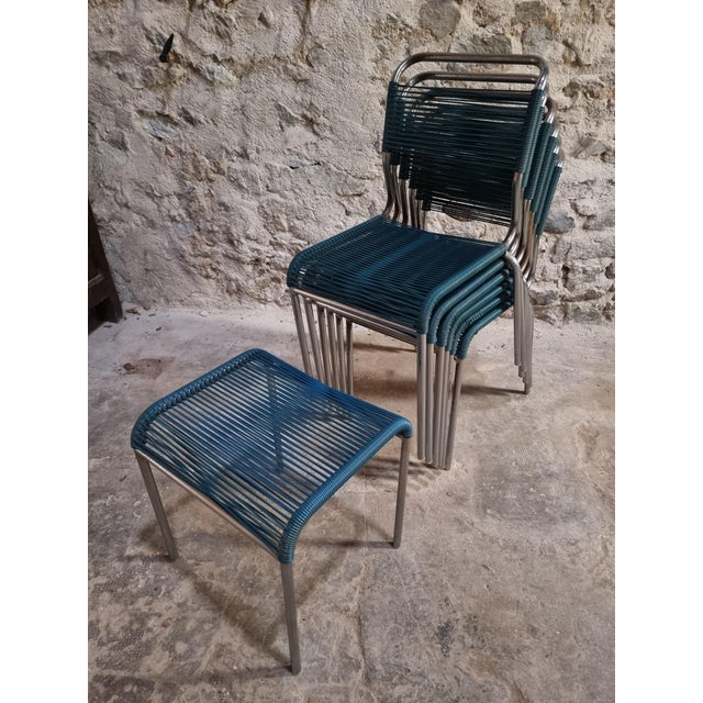 20th Century French Spaghetti Chairs and Ottoman with Chrome Frame, 1960s, Set of 7 For Sale - Image 14 of 18