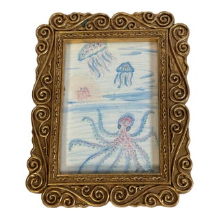 1970s Cute Octopus & Jellyfish Small Art Painting Framed For Sale