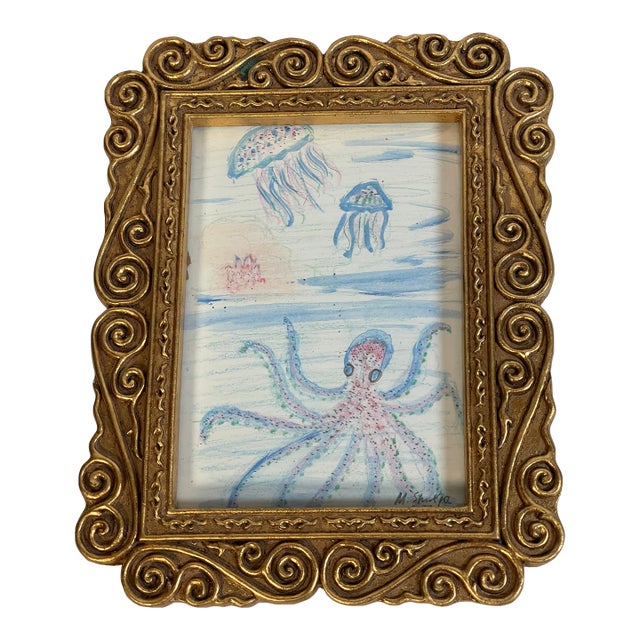 1970s Cute Octopus & Jellyfish Small Art Painting Framed For Sale