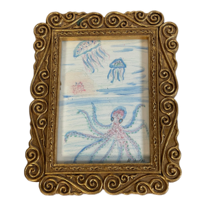 1970s Cute Octopus & Jellyfish Small Art Painting Framed