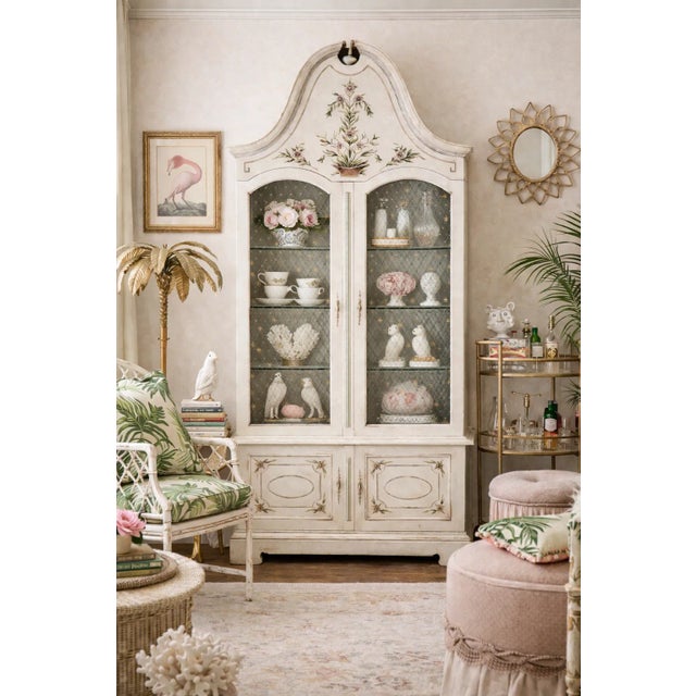 Exceptional John Widdicomb Broken Arch Illuminated Display Cabinet featuring an original hand-painted speckled finish with...