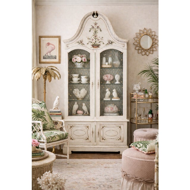 This exceptional and rare Broken Arch Pediment Bonnet Top Display Cabinet by the renowned John Widdicomb represents a...