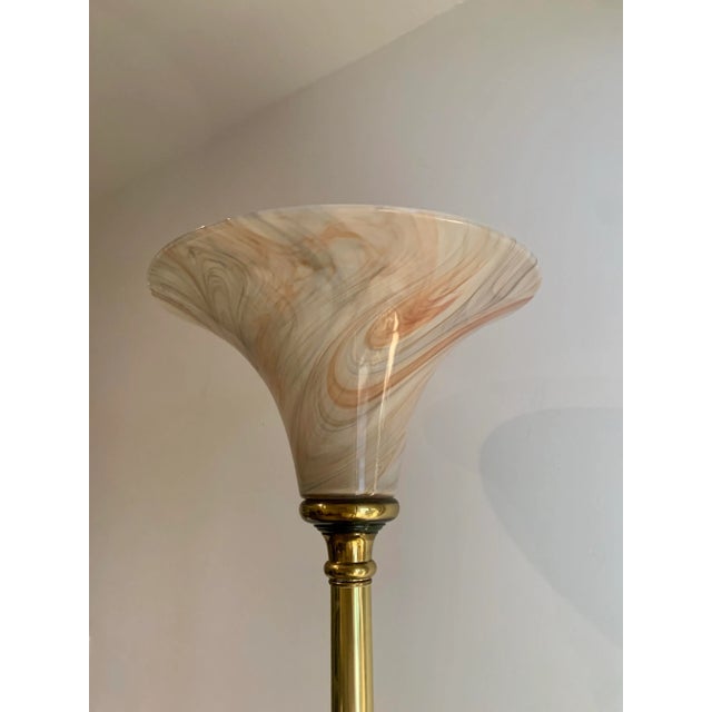 Vintage Brass Floor Torchiere Marbled Shade For Sale In Phoenix - Image 6 of 7