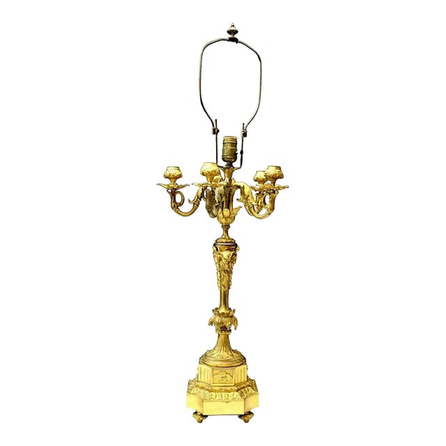 19th-Century Gilded Bronze Five-Light Lamp With Ram's Head Decoration For Sale