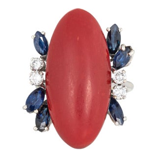 Sardinian Red Coral Sapphire Diamond Ring Vintage 18 Karat Gold Fine Cocktail size 5.5 For Sale