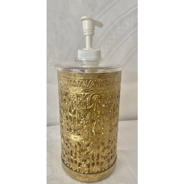 Vintage Hollywood Regency Gold Tone Ormolu French Drape Filigree Soap Dispenser For Sale - Image 4 of 11
