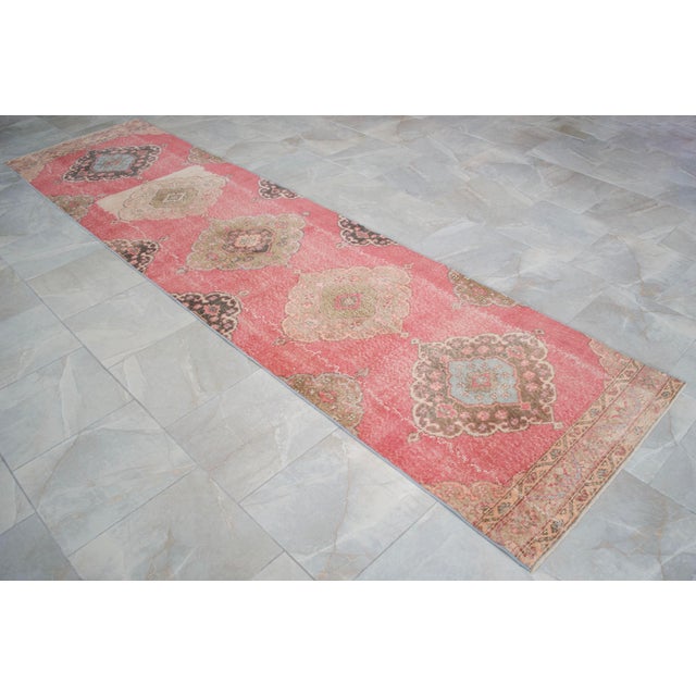 3x12 Vintage Oushak Runner Rug Coral Pink Hallway Runner Authentic Turkish Rug For Sale - Image 4 of 13