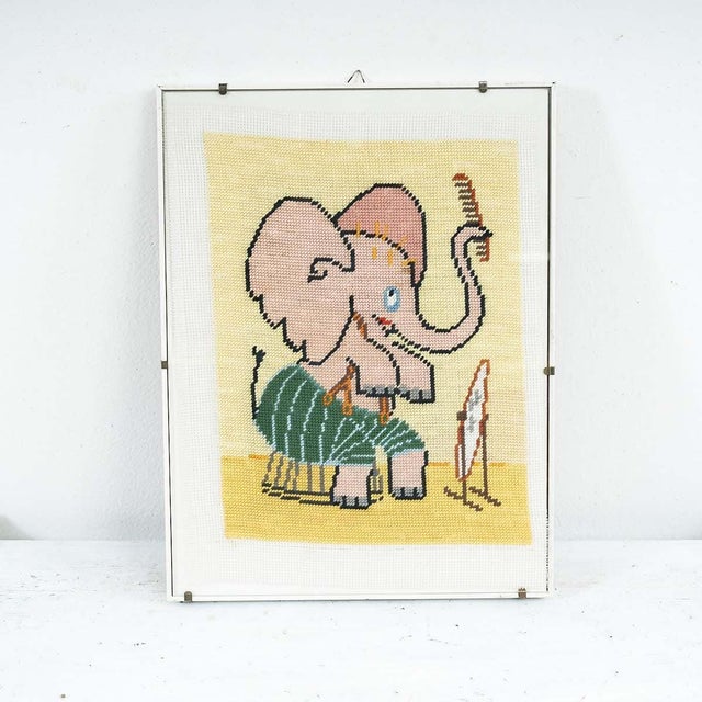 Unknown, Cross-Stitch Elephant Picture, 1980s, Mixed Media, Framed For Sale - Image 4 of 4