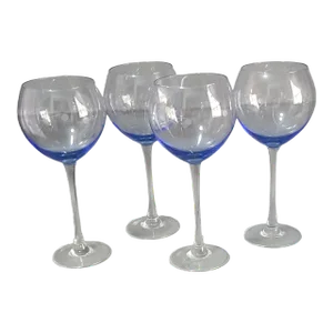 Late 20th Century Blue All Purpose Goblet Etched & Cut-Glass Dot Pattern Wine Water Glasses- Set of 4