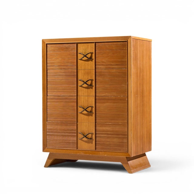 Mid-Century Modern Paul Frankl for Brown Saltman Mid Century Oak and Brass Highboy Dresser For Sale - Image 3 of 8