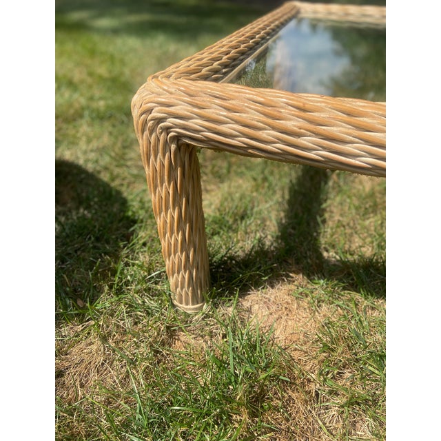 McGuire 1970s Twisted Rattan Coffee Table With Glass Top For Sale - Image 4 of 7