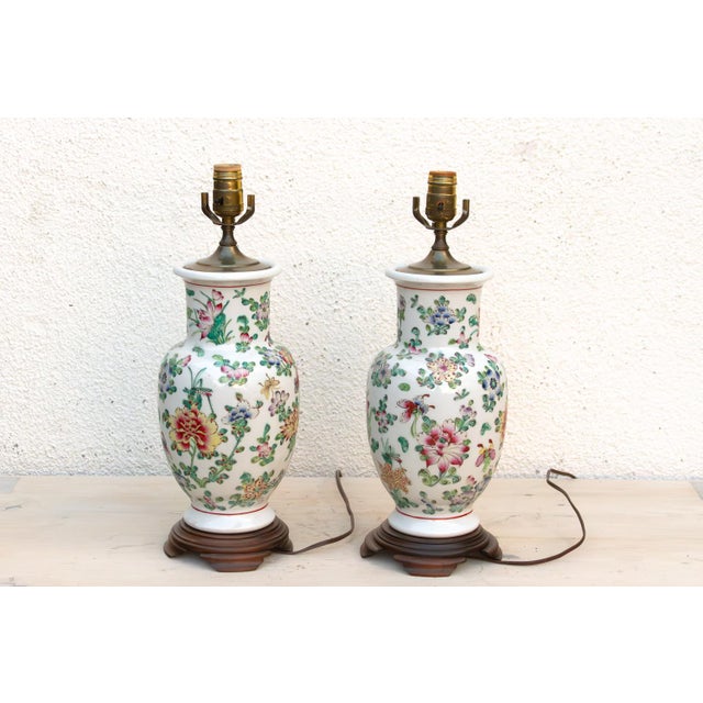 Antique Peony Chinese Porcelain Lamp - Pair For Sale - Image 9 of 10