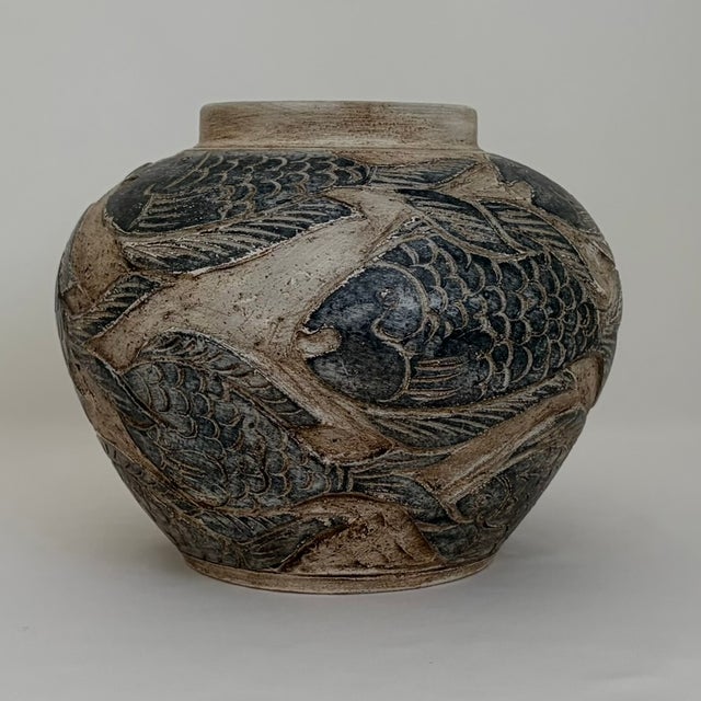 Folk Art Ceramic Vase With Raised Relief Fish Motif For Sale - Image 3 of 13