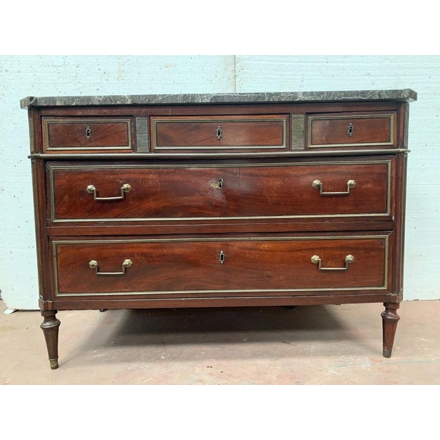 Brown Louis XVI Style Chest of Drawers in Mahogany with Grey Veined Marble Top For Sale - Image 8 of 14