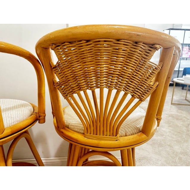 Coastal Vintage Coastal Style Wicker Rattan Swivel Stools. Set of Three, Circa 1980s For Sale - Image 3 of 6