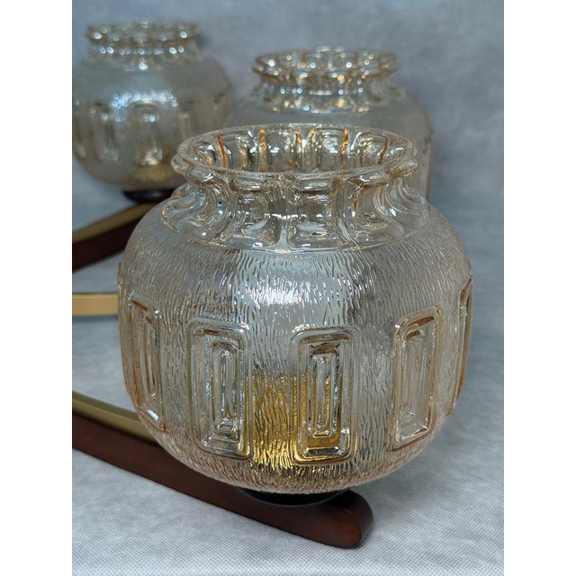 Vintage 8-Arm Chandelier with Textured Glass Shades and Wooden Elements, 1970s For Sale - Image 4 of 12