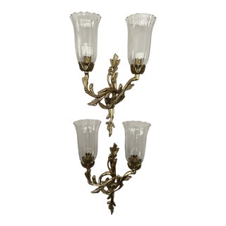 Mid 20th Century French Style Rococo Brass Candles Wall Sconces With Blown Glass Globes For Sale
