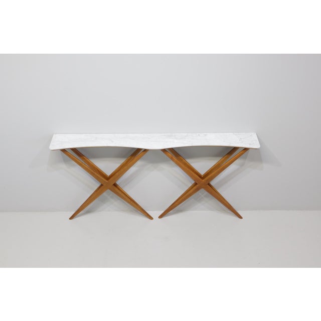Brown Large Console Table with Double X-Shaped Carrara Marble Top from Studio B.B.P.R, 1950s For Sale - Image 8 of 11