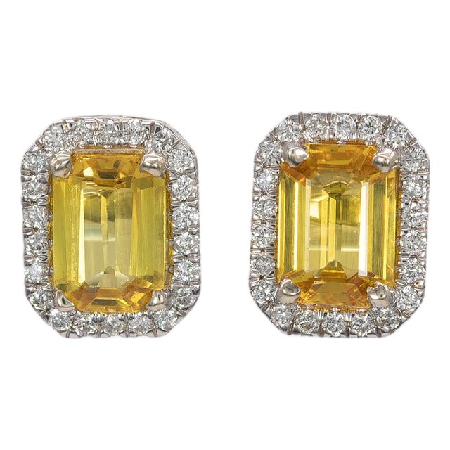 2.8Ct Yellow Sapphire Stud Earrings With Earth-Mined Diamond Accents: 14k Gold, A Pair For Sale