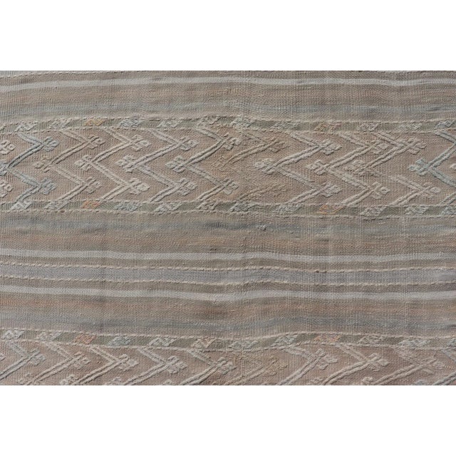Tan Mid 20th Century Striped Hand Woven Turkish Flat-Weave Kilim in Muted Colors and Tribal Motifs For Sale - Image 8 of 10