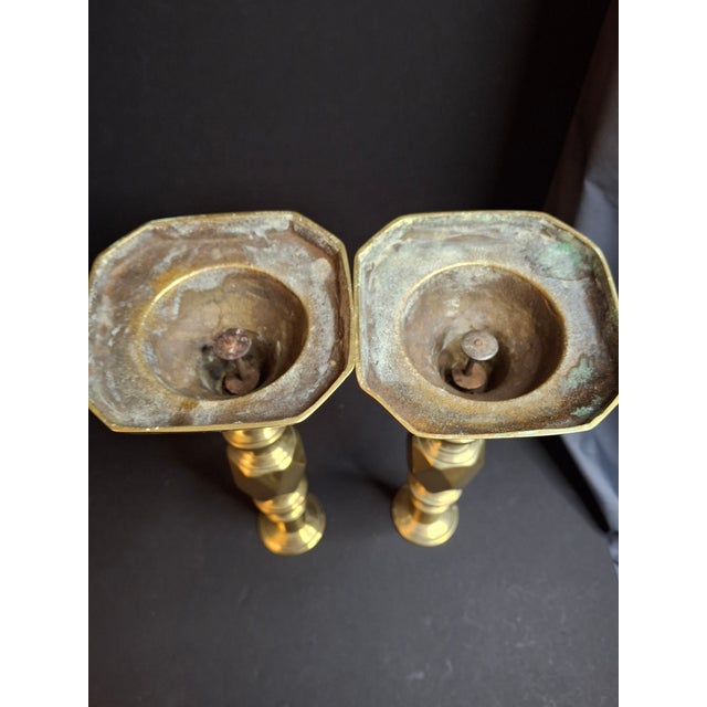 Antique Matching Pair Victorian "The Queen of Diamonds" Brass Candlesticks 11" Push Up Ejector c.1897 For Sale - Image 12 of 18