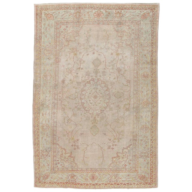 Antique Oushak Carpet, Handmade Oriental Rug, Shrimp Pink, Taupe, Cream Fine Rug For Sale - Image 18 of 18