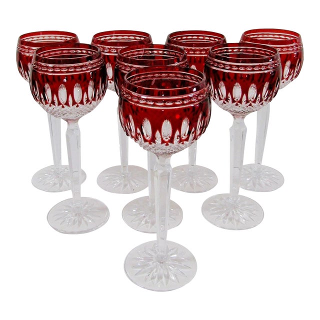 1990s Waterford Crystal Clarendon Ruby Red Hock Glass 8" Tall - Set of 8 For Sale