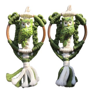 Woven Green Owl Wall Hangings - A Pair For Sale