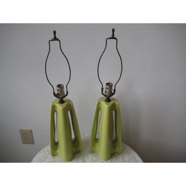 Midcentury 1960s Celadon Green Ceramic lamps with no chips or cracks in the ceramic. Sculptural form measuring 8 inches...
