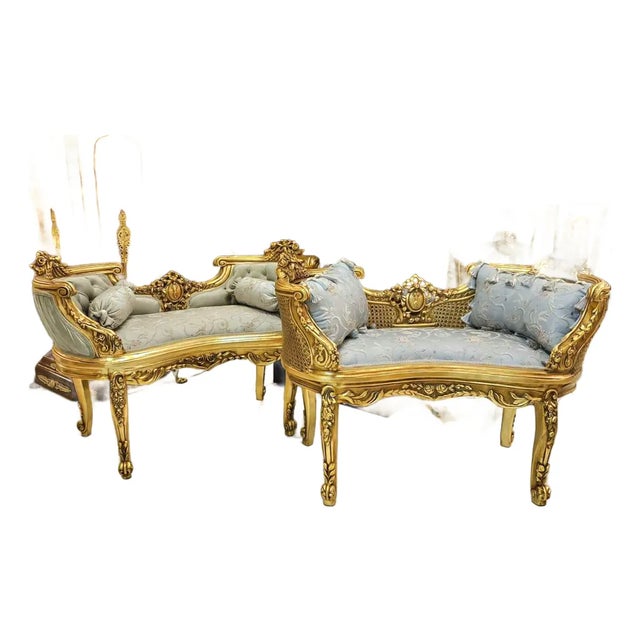 French Louis XV Style Bench Set – Two Ornate Gold Leaf With Elegant Upholstery For Sale