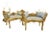 French Louis XV Style Bench Set – Two Ornate Gold Leaf With Elegant Upholstery For Sale