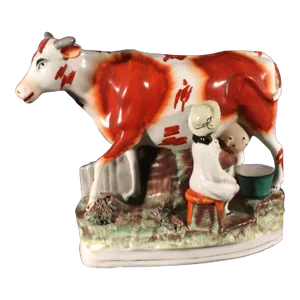 Staffordshire Pottery Cow Figure With Milkmaid